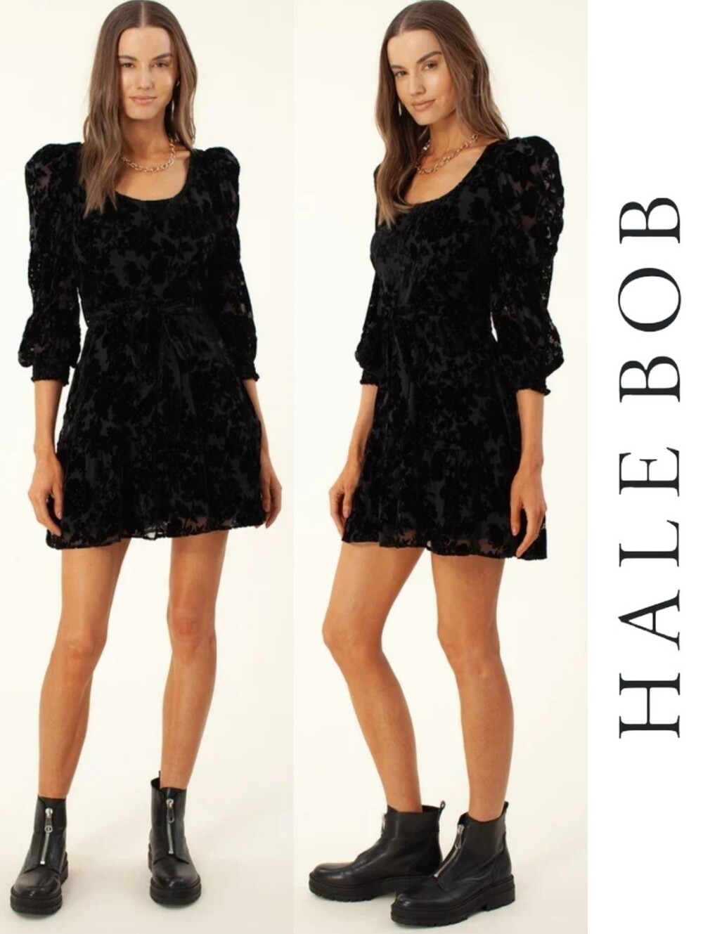 Hale Bob | Talora Solid Silk Velvet Puff-Sleeve Dress Removeable Belt - Black